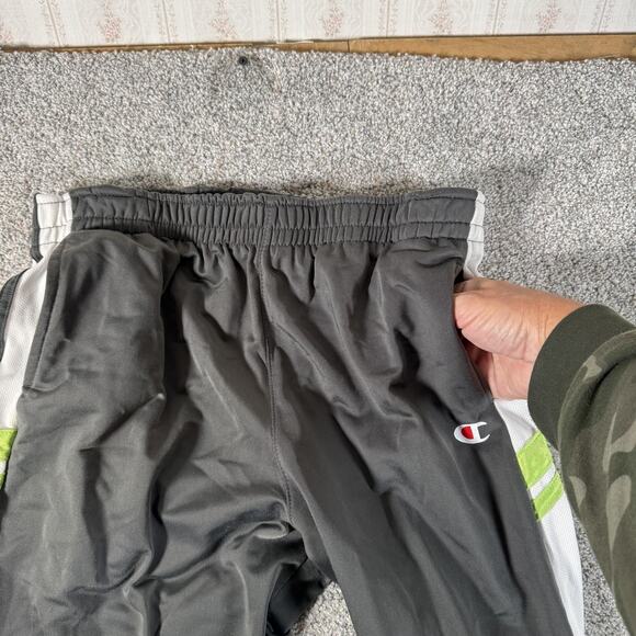 Champion Track Pants Mens Medium Gray White Green Athletic Side Stripe Logo - Picture 7 of 10